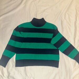 J. Crew Green and Navy Striped Turtleneck Sweater